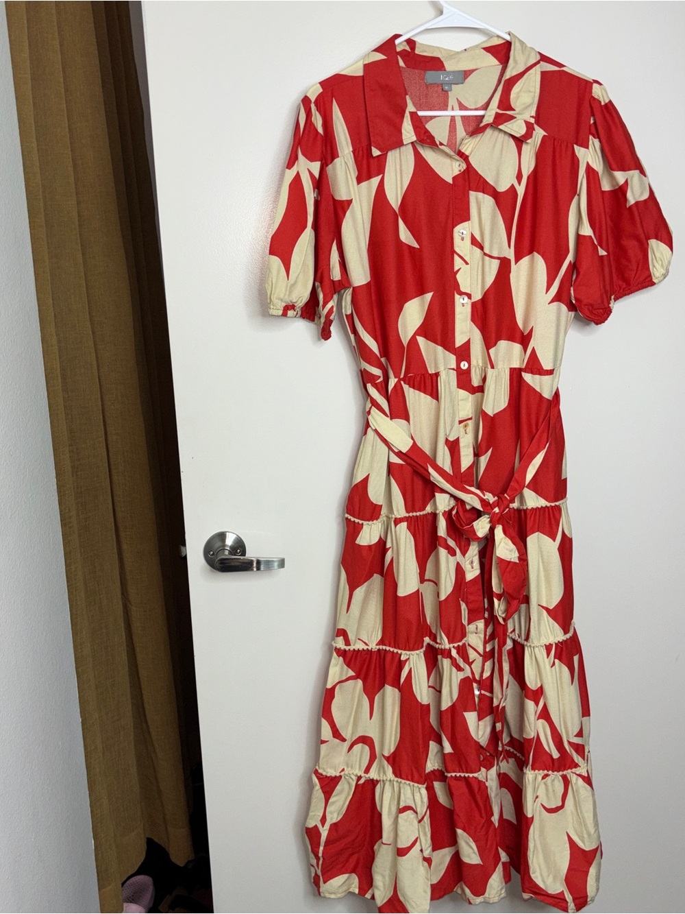 Anthropologie J Gee Red and Cream Button-Front Midi Dress with Tie Waist XL